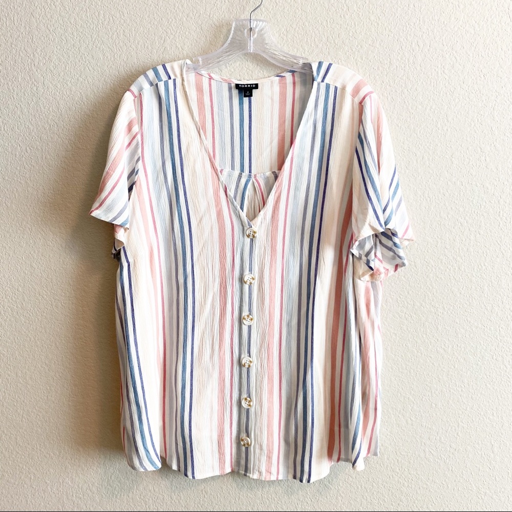 Torrid Blue Multi Stripe Gauze Button Front Blouse - image 2